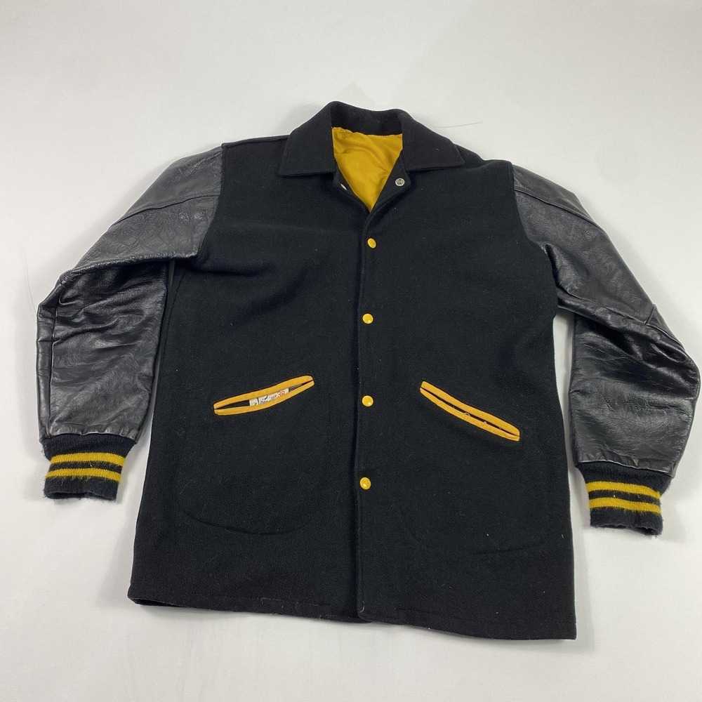 Vintage Speedline Jacket Mens 38 Black Leather Sleeve Varsity Letterman 1967